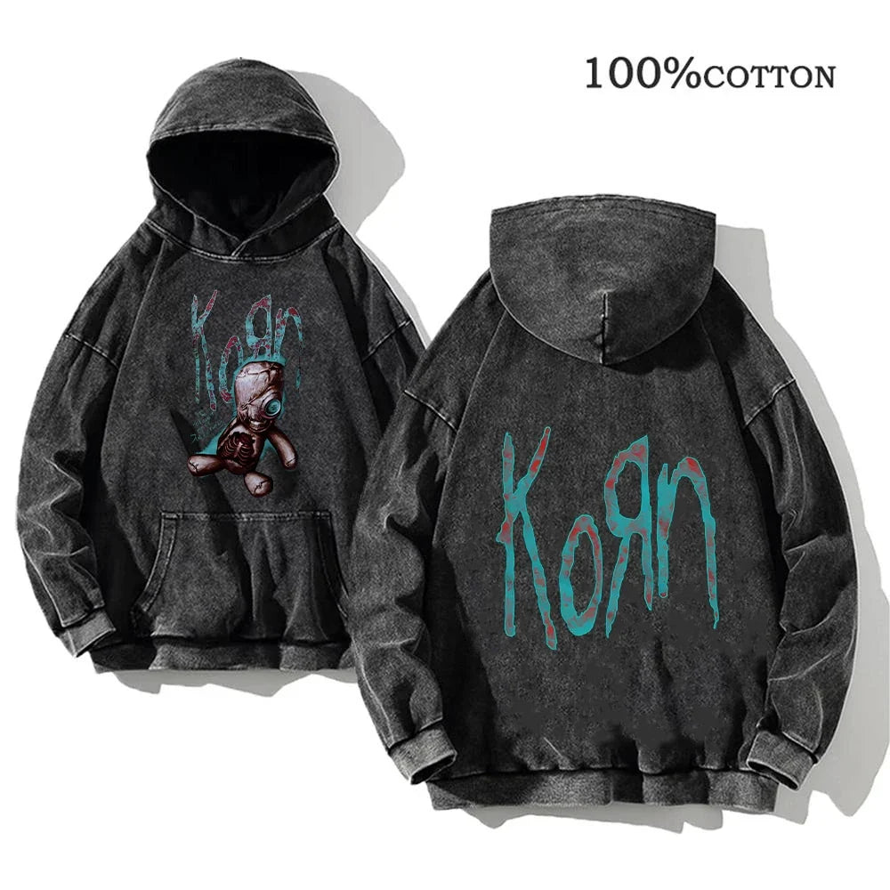 Hoodie Schwarz Grau Washed Oversize mit Band-Print Vorn & Hinten