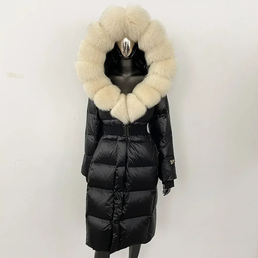 Women's long winter quilted coat with faux-fur hood and belt