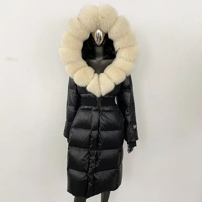 Women's long winter quilted coat with faux-fur hood and belt
