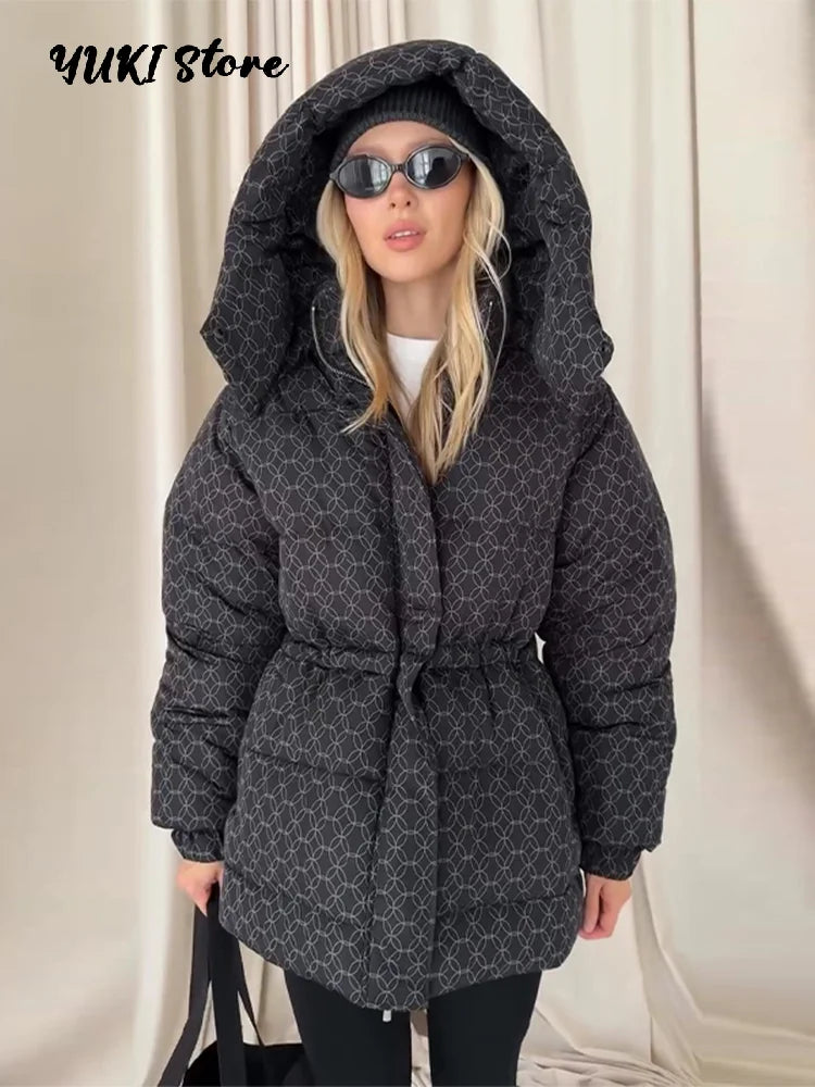 Women's down jacket, winter jacket, puffer jacket with hood, stand-up collar, and adjustable waist