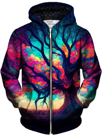 Zip-Up Hoodie with Colorful Tree Print