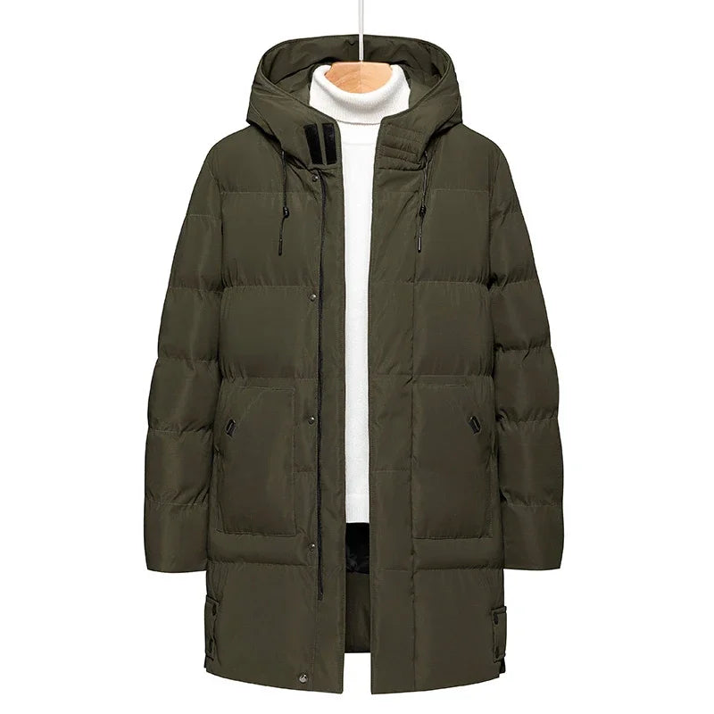 Men's long winter padded coat with hood, warm and lined