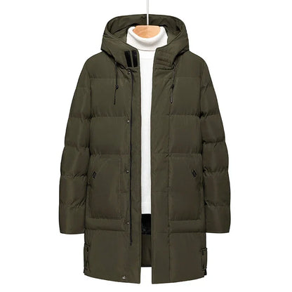 Men's long winter padded coat with hood, warm and lined