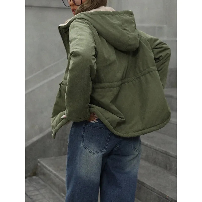 Women's Winter Jacket with Hood, Teddy Lining and Drawstring