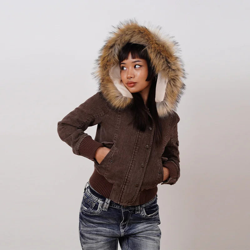 Women's Bomber Jacket with Hood and Faux Fur in Various Colors