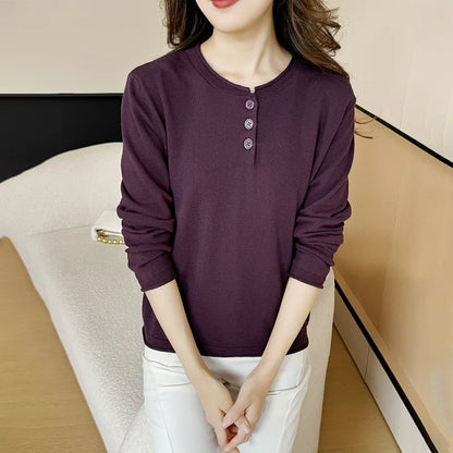 Women's Henley Shirt with Button Placket, Long Sleeves, Crew Neck, Fine Knit, Purple