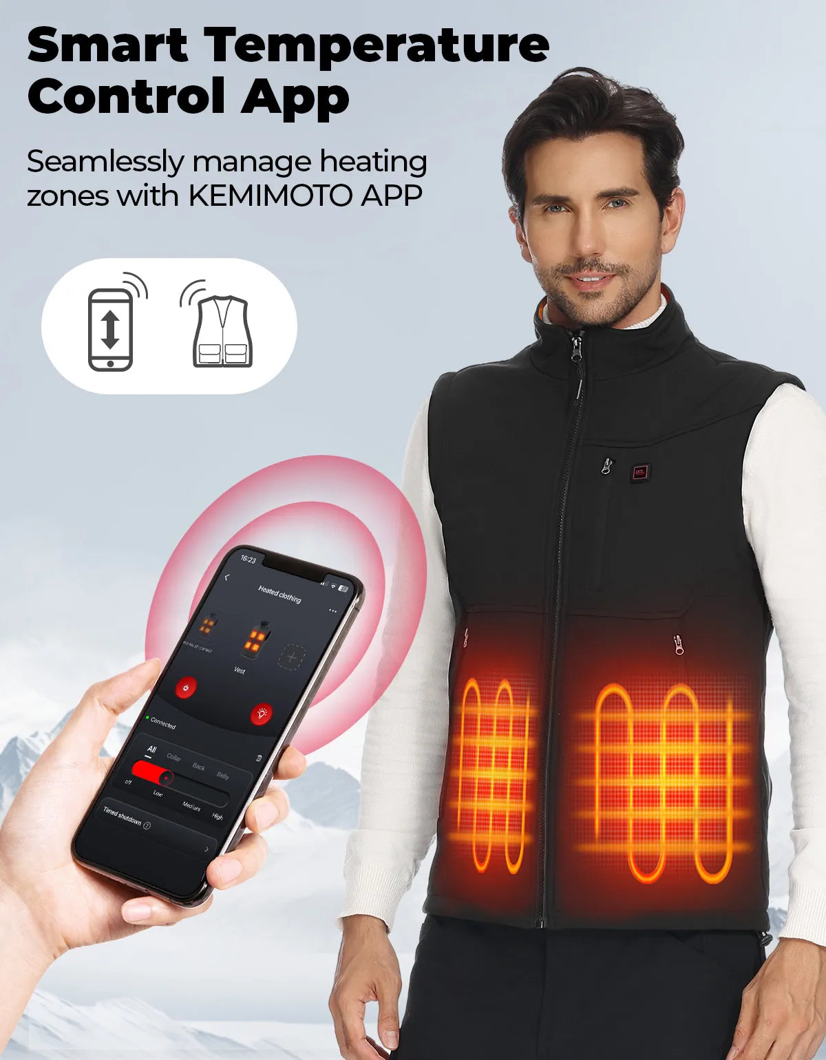 Black heated vest for women and men with stand-up collar