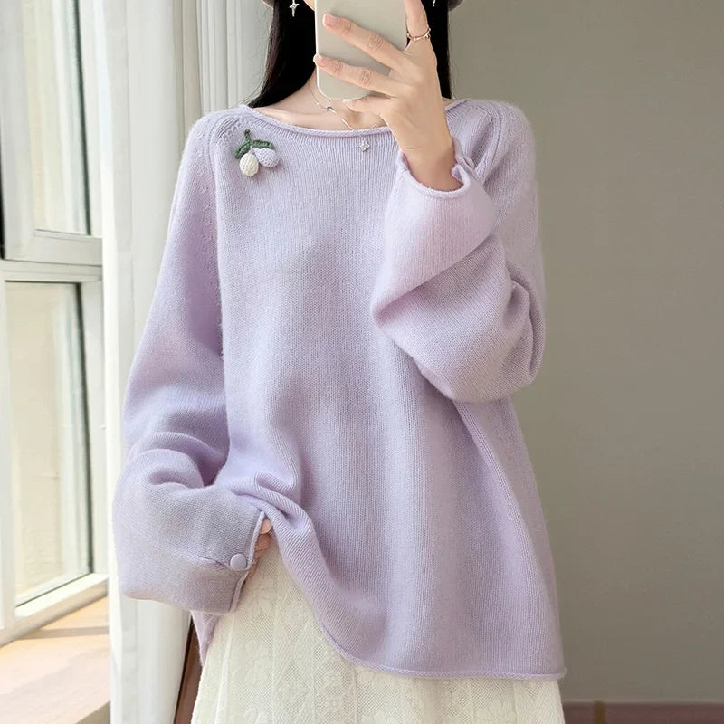 Women's Crew-Neck Long-Sleeve Sweater with Fruit Appliqué and Soft Knit
