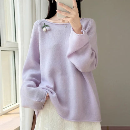 Women's Crew-Neck Long-Sleeve Sweater with Fruit Appliqué and Soft Knit