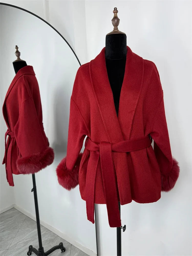 Short women's wrap coat with faux-fur sleeves and tie belt