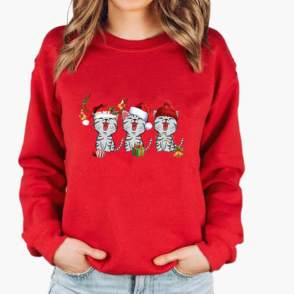 Damen Weihnachtspullover mit Katze, Weihnachtsmütze und Lichterkette – Lustiger Winter-Sweater für Frauen