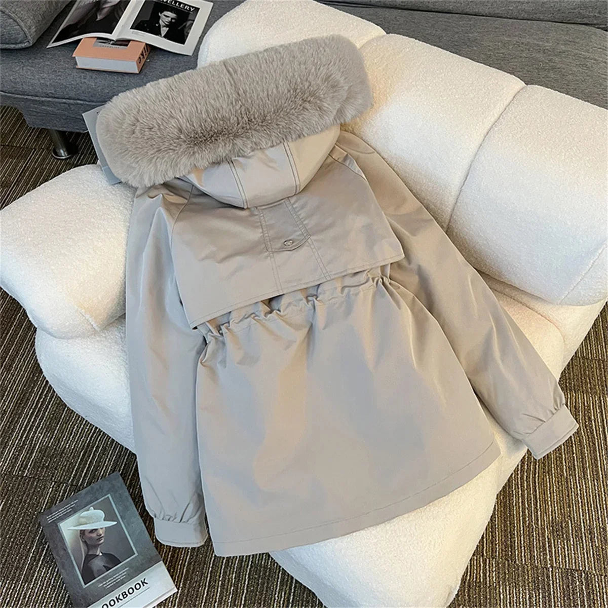 Women's winter parka with hood, faux-fur lining, drawstring, warm jacket