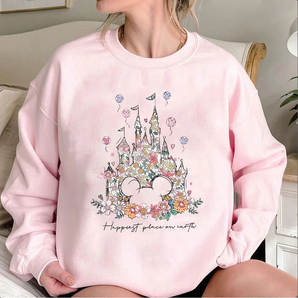Damen Sweatshirt mit Blumen Schloss Druck & Mickey Motiv Rundhals