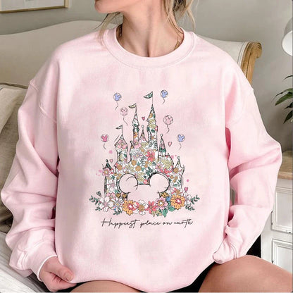 Damen Sweatshirt mit Blumen Schloss Druck & Mickey Motiv Rundhals