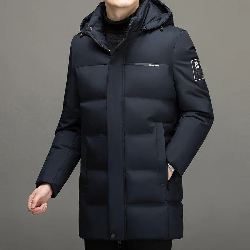 Herren Winter Steppjacke lang mit Kapuze Stehkragen winddicht Grau
