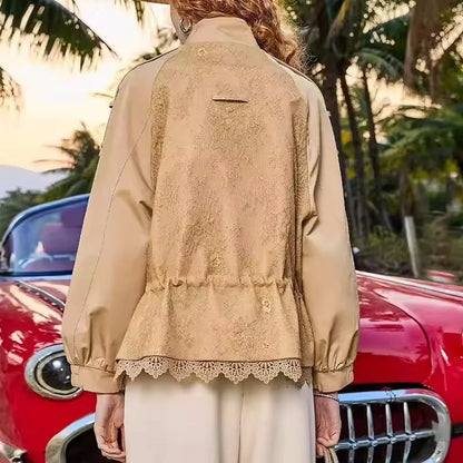 Women's Jacket with Stand Collar, Waist Drawstring and Lace Trim at the Hem