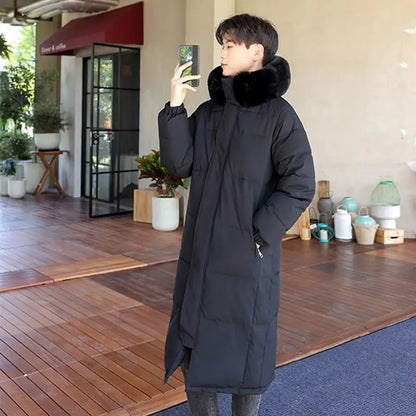 Long padded coat with hood and faux fur trim for men