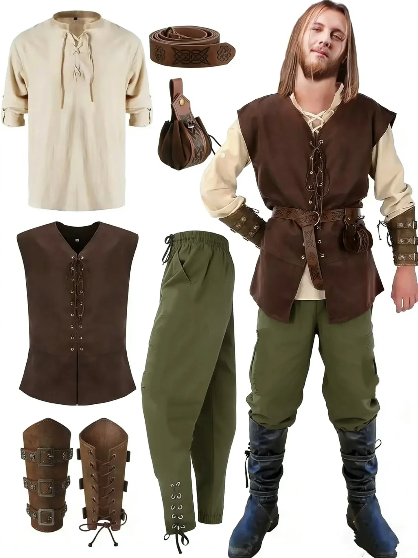 Mittelalterliches Herrenkostüm: Hemd, Weste, Hose, Gürtel, Armstulpen