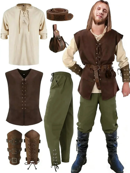 Mittelalterliches Herrenkostüm: Hemd, Weste, Hose, Gürtel, Armstulpen