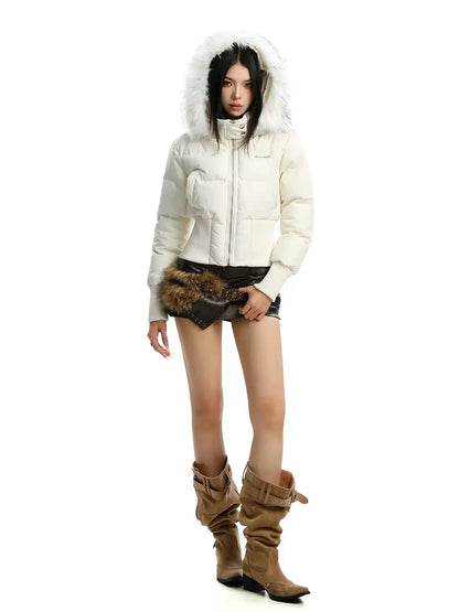 Women's short puffer jacket with faux-fur hood - winter jacket with zipper