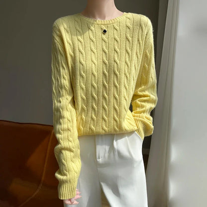 Damen Pullover Zopfmuster Rundhals Langarm Strickpullover