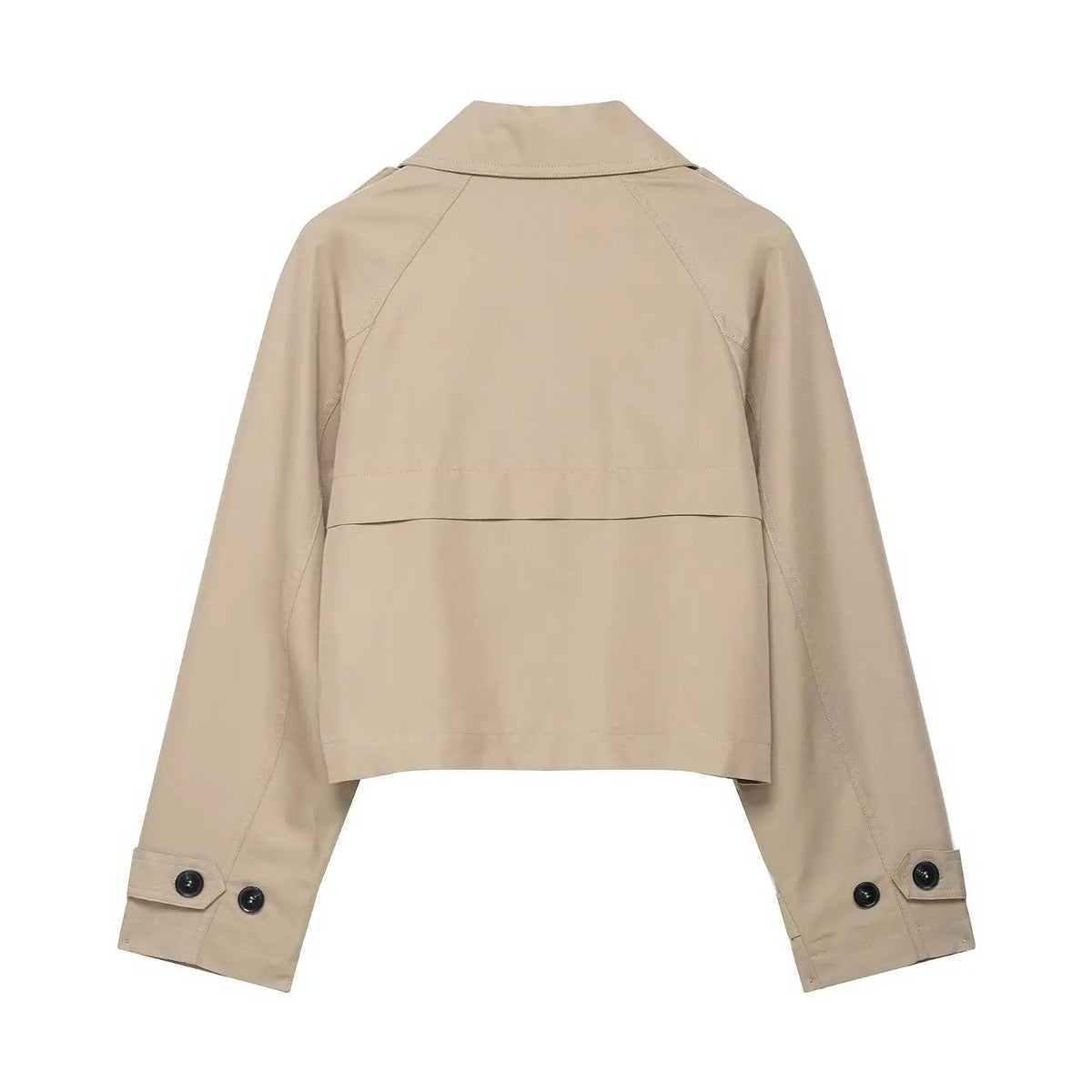 Short women's double-breasted trench coat jacket with wide collar