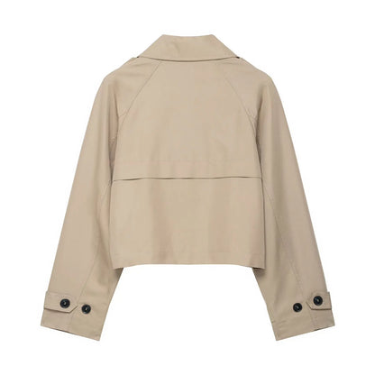 Short women's double-breasted trench coat jacket with wide collar