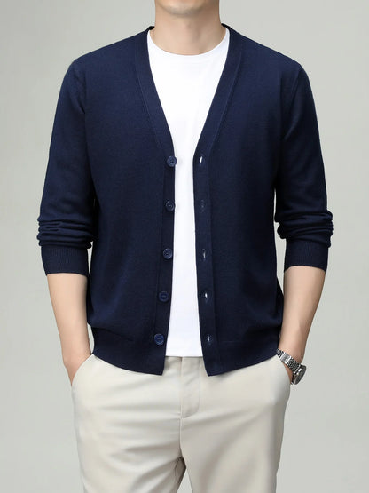 Men's V-neck cardigan with button placket, plain