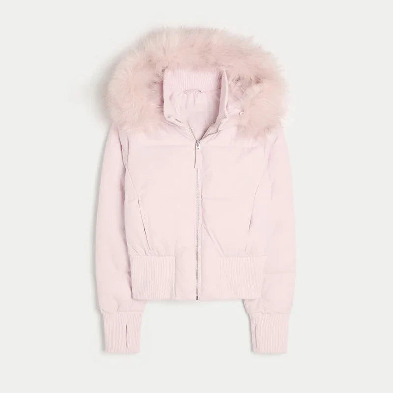 Women's bomber jacket with hood and faux fur collar, brown