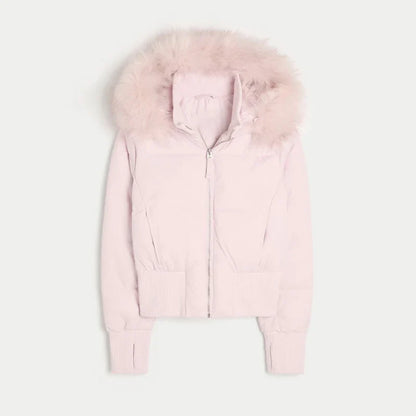 Women's bomber jacket with hood and faux fur collar, brown
