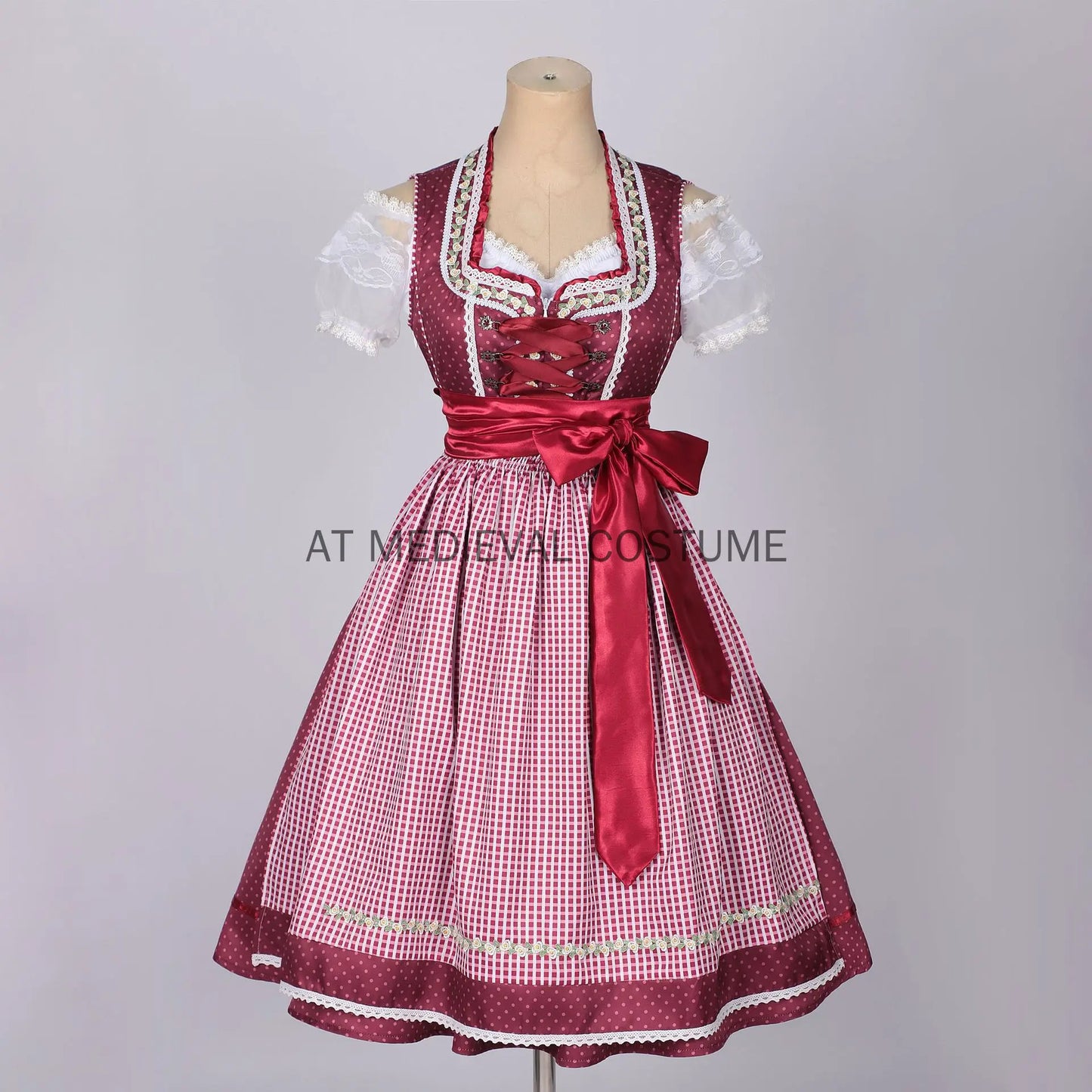 Damen Dirndl Midi Rot Gepunktet Kariert mit Bluse und Schürze
