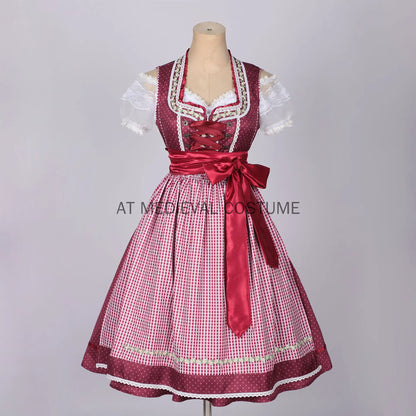 Damen Dirndl Midi Rot Gepunktet Kariert mit Bluse und Schürze