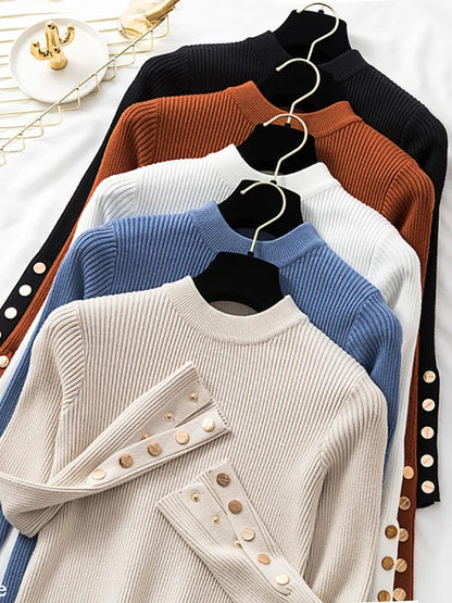 Women's rib-knit sweater, long sleeve, with decorative buttons