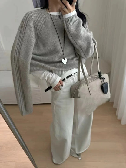 Women's Crew-Neck Knit Sweater with Ribbed Sleeves