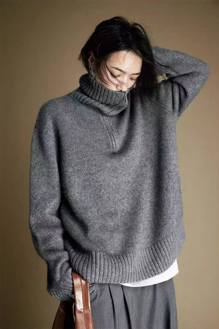 Turtleneck knit sweater with zipper, chunky ribbed