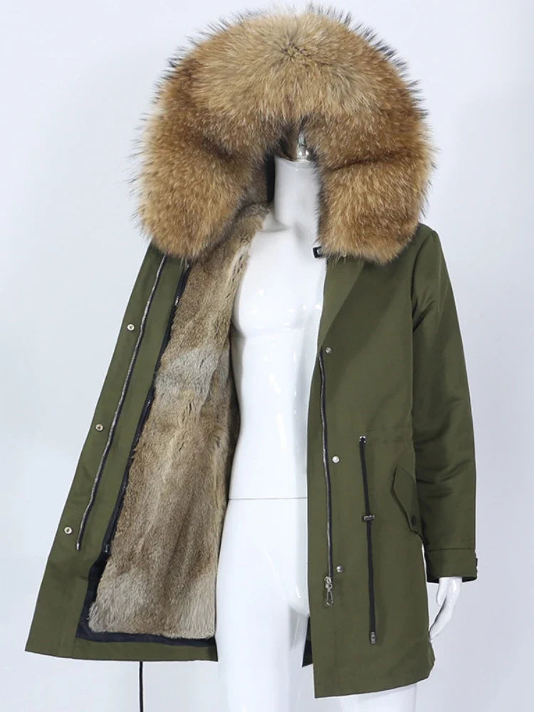 Women's winter parka with hood and fur trim, warm jacket, unisex