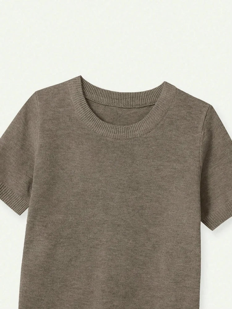 Women's beige short-sleeve knit top, crew neck, sweater