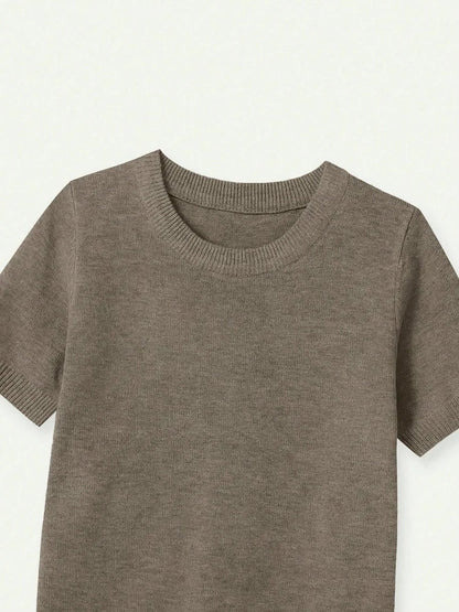 Women's beige short-sleeve knit top, crew neck, sweater
