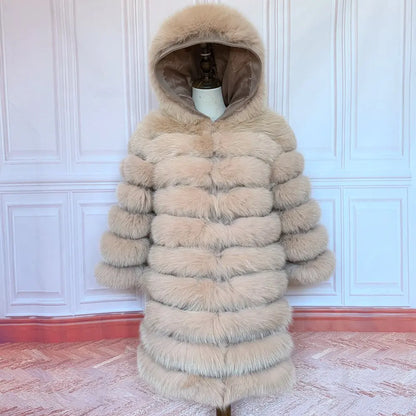 Women's winter faux fur coat with hood, long sleeves, warm jacket, striped