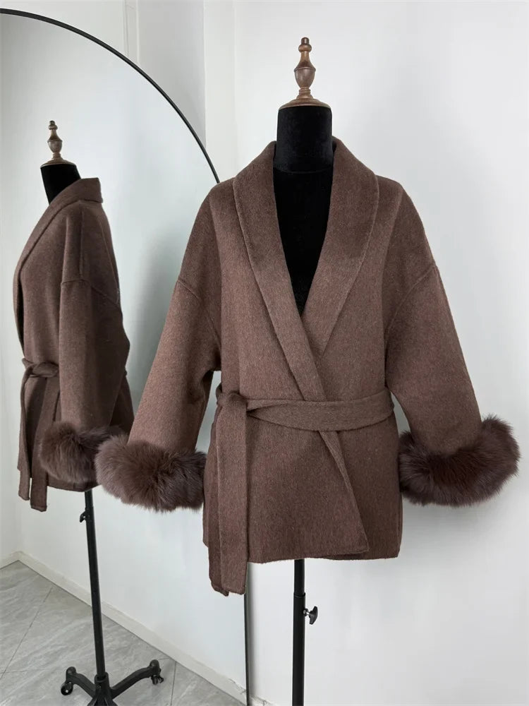 Short women's wrap coat with faux-fur sleeves and tie belt