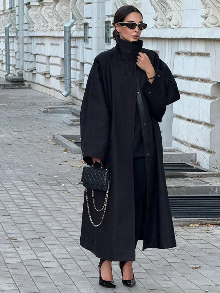Damen Langer Trenchcoat Oversize mit hohem Kragen Schwarz