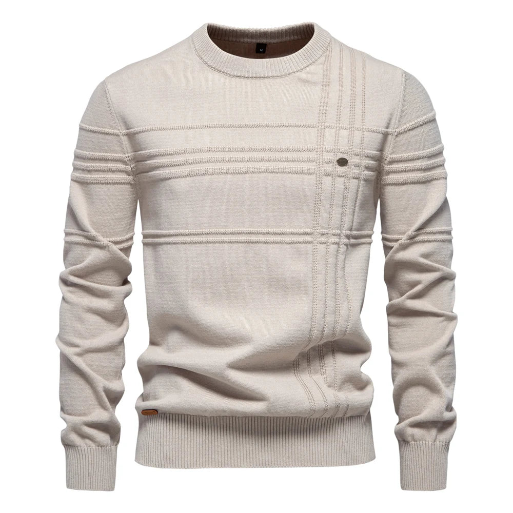Men's crew-neck sweater ribbed texture beige
