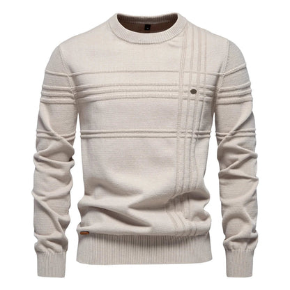 Men's crew-neck sweater ribbed texture beige