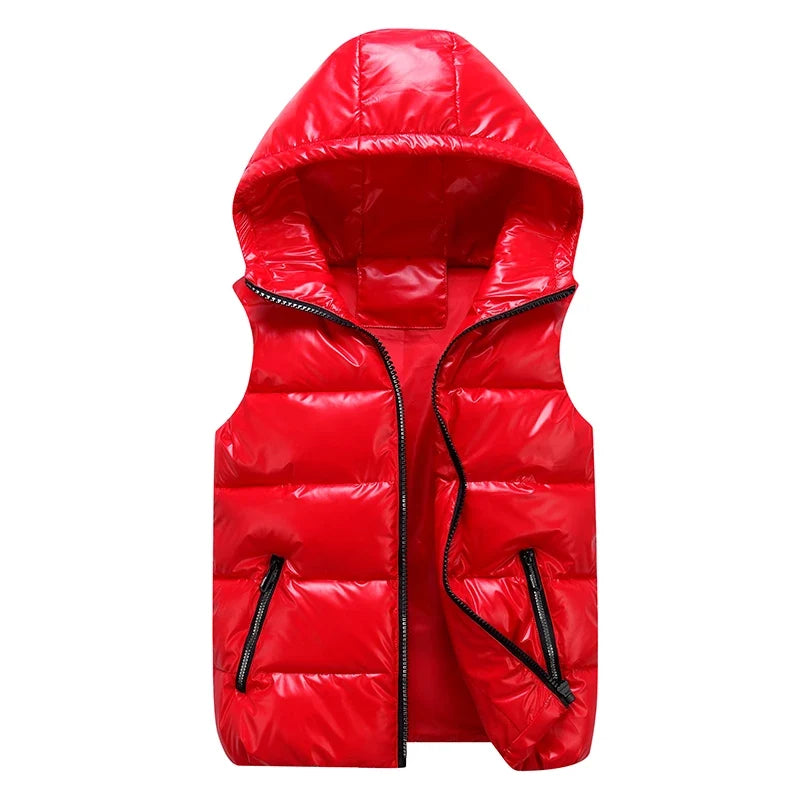 Unisex shiny hooded quilted vest, sleeveless puffer vest with zipper