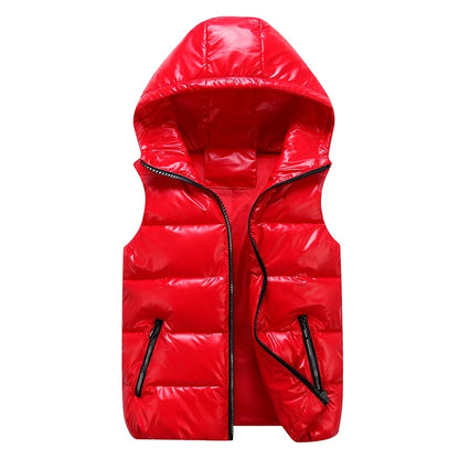 Unisex shiny hooded quilted vest, sleeveless puffer vest with zipper