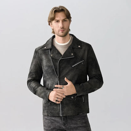 Men's biker jacket in suede look with zippers, brown