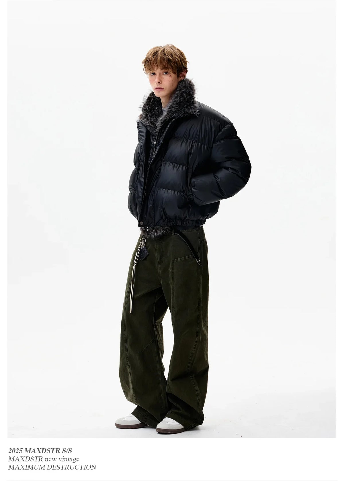 Men's black quilted jacket with faux fur collar, bomber jacket style