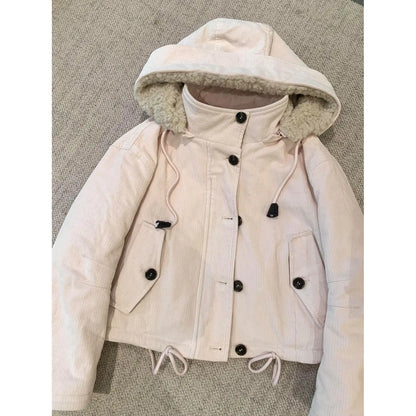 Women's corduroy jacket with hood and teddy lining, light pink