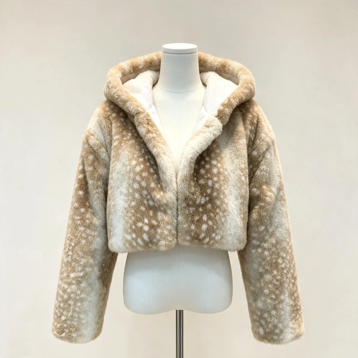 Short women's faux fur jacket with hood, dotted pattern, Beige