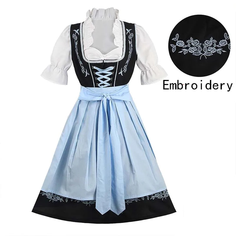 Damen Dirndl Trachtenkleid Schwarz Blau mit Stickerei und Schürze